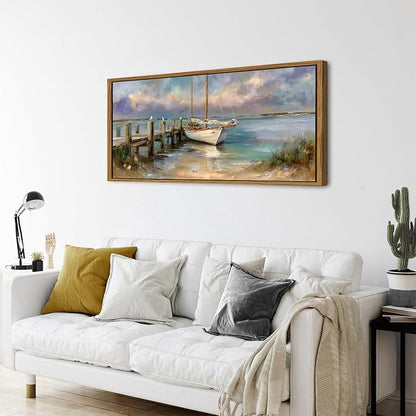 Vintage White Boat Wall Art Framed Coastal Wall Decor Bathroom Bridge Dock Decorations Vintage Ocean Beach Landscape Picture Canvas Prints Seascape Seagull Poster Artwork Living Room Decoration 24x48
