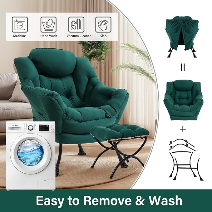 Lazy Chair with Ottoman, Large Dark Green Accent Chair with Ottoman, Comfy Reading Armchair, Leisure Sofa Chair for Living Room, Bedroom, Dorm Room, Office