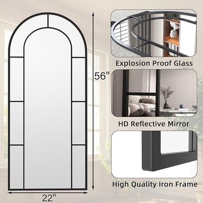 Arched Full Length Mirror, 56"x22" Mirror Full Length, Oversized Floor Length Standing Mirrors, Large Body Wall Mounted Window Pane Mirrors, Hanging or Leaning (Black)