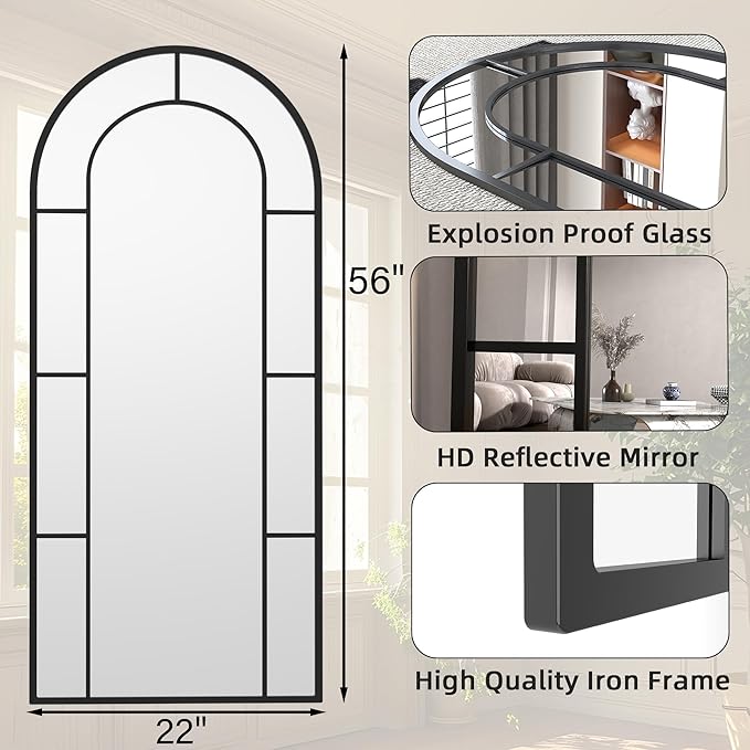 Arched Full Length Mirror, 56"x22" Large Window Floor Mirror, Farmhouse Pane Mirrors with Metal Framed, Full Body Wall or Leaning Mirrors for Bedroom, Living Room (Black)