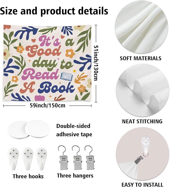 Soft Flannel Wall Tapestry - It's A Good Day to Read A Book - Boho Floral Tapestry Wall Hanging Decor for Bedroom,Living Room,Cozy Aesthetic Home Decoration,Unique Gift For Women 59x51Inch(Colorful-good day)