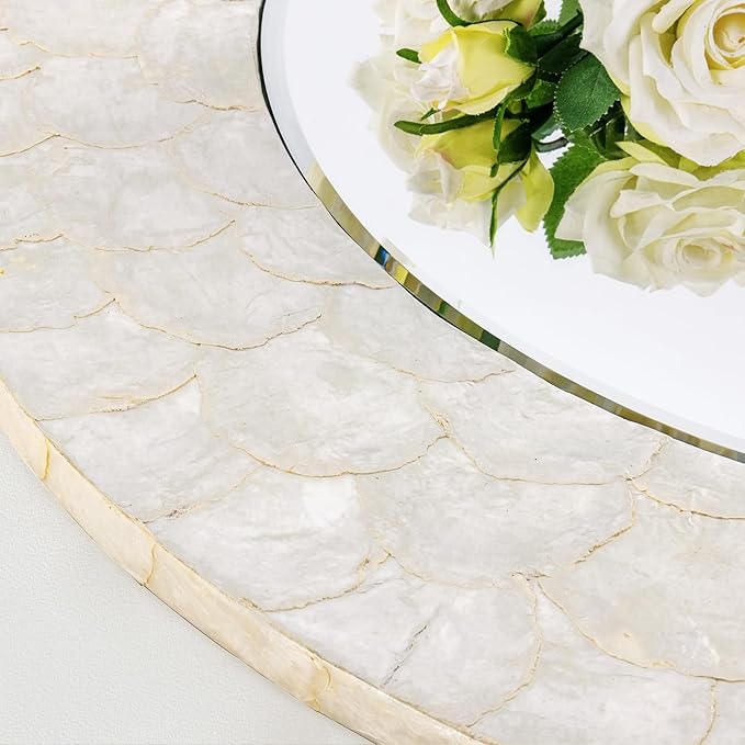 Capiz Shell Round Mirror, 30'' Coastal Mirror with Natural Capiz Seashell Frame, Decorative Circle Wall Mirrors for Living Room Mantel Bathroom Entryway
