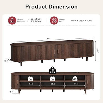 80" Mid Century Modern TV Stand, Wood TV Consoles with Sliding Doors and Power Outlet, Entertainment Center with Adjustable Shelves, Fluted TV Stands for Living Room, Walnut
