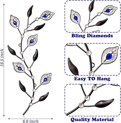 sxnzequnze 2 Sets Leaf Wall Art for Home Metal Bling Rhinestones Ready to Hang Tree Branch Leaves Olive Vine Wrought Iron Hanging Sculpture Pieces Wall Decor Pcs - 16.5in