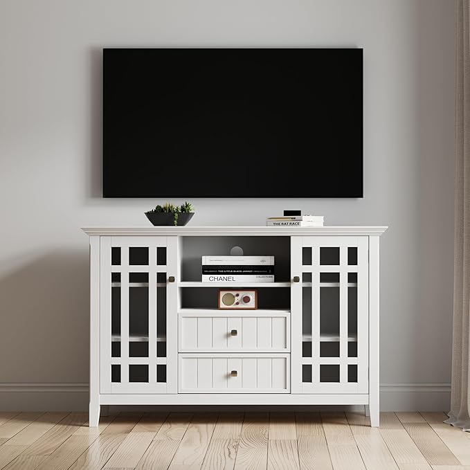 SIMPLIHOME Bedford TV Stand - 53 inch Wide Solid Wood Tall Media Console in White, Transitional Entertainment Center for Living Room for TVs up to 60 Inches with Glass Cabinets and Cable Management
