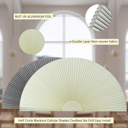 Arch Window Shade Blackout Cellular Shades Half Circle Moon Window Covering No Drill Honeycomb Cordless Blinds for Indoor Window Room Darkening Easy Install Light Blocking Blinds (1, Beige, 48x24inch)