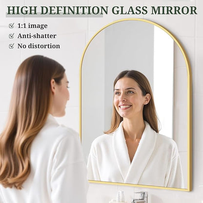 Arched Wall Mirror 38x26 Inch Gold Bathroom Vanity Mirror with Metal Frame, Modern Arch Mirror for Bedroom, Living Room, Entryway, Wall Mounted Decorative Mirror