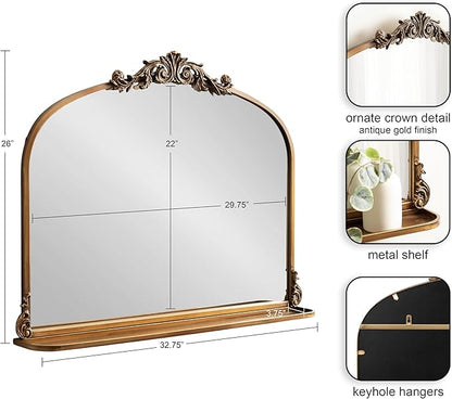 Kate and Laurel Arendahl Traditional Vintage Arch Mirror with Shelf, 33 x 26, Gold, Baroque Antique Arched Wall Mirror with Functional Shelf for Use as Vanity Bathroom Mirror or Cute Nursery Mirror