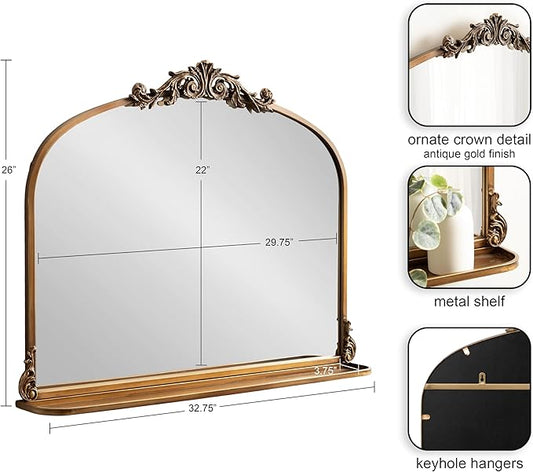 Kate and Laurel Arendahl Traditional Vintage Arch Mirror with Shelf, 33 x 26, Gold, Baroque Antique Arched Wall Mirror with Functional Shelf for Use as Vanity Bathroom Mirror or Cute Nursery Mirror