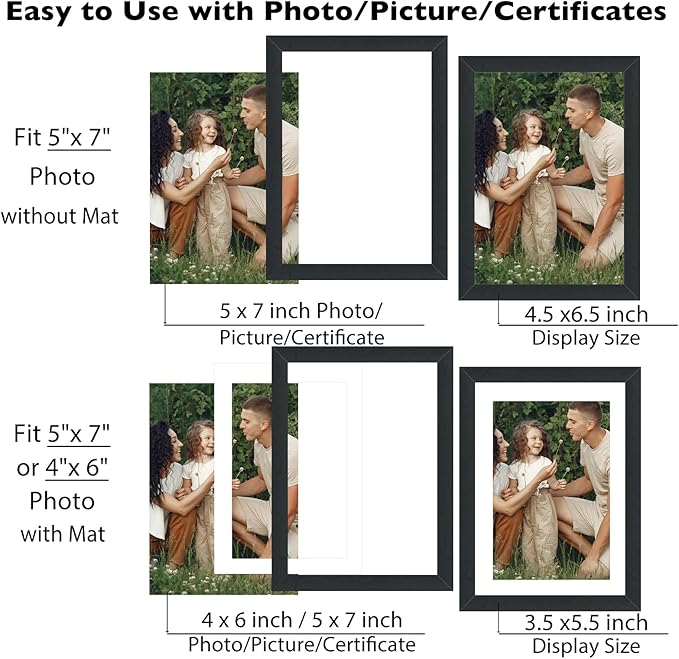 JCJMY 5x7 Picture Frame with 4x6 Mat Set of 6, Display Photo 4x6 with Mat or 5x7 without Mat, 5 by 7 Wall Poster Photo Frame with Shatter Resistant Plexiglass for Wall or Tabletop, 6 Pack, Black