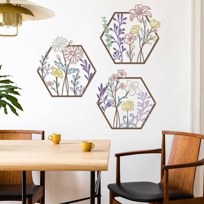 ESTART 3 Pcs Metal Flower Wall Decor, Minimalist Floral Wall Hanging Art, Abstract Line Floral Wall Art Sculpture for Bedroom Bathroom Living Room Kitchen Dining Room (Colorful)