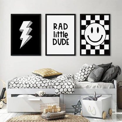 Boys Room Wall Art Decor Toddler Nursery Canvas Wall Art Baby Kids Wall Decor Black Checkered Smiley Poster Pictures Retro Playroom Rad Little Dud Art Prints for Bedroom 12x16x3 Inch Wood Framed