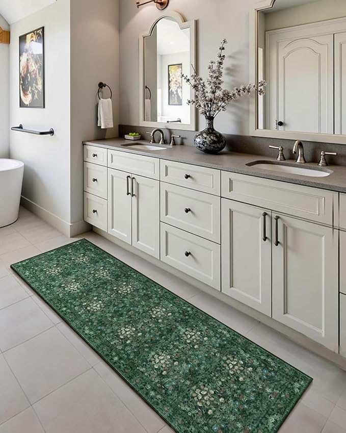 Lunasun Boho Green Long Hallway Runner Rug 2x6 Washable, Farmhouse Floral Botanical Non Skid Kitchen Floor Mat - Vintage Soft Throw Rug for Bathroom, Indoor Entrance, Foyer, Bedroom Bedside, Laundry