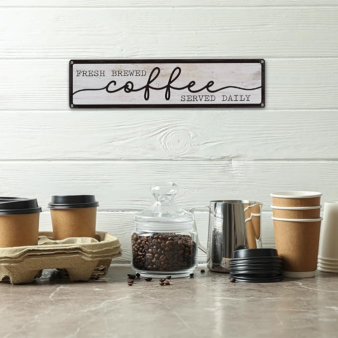 Coffee Metal Tin Signs, Fresh Brewed Coffee Served Daily Sign, Coffees Decoration for Cafe Bar Coffees Station, Kitchen, Restaurant, Hotel, Decorative Metal Wall Signs 15.8x4 Inches
