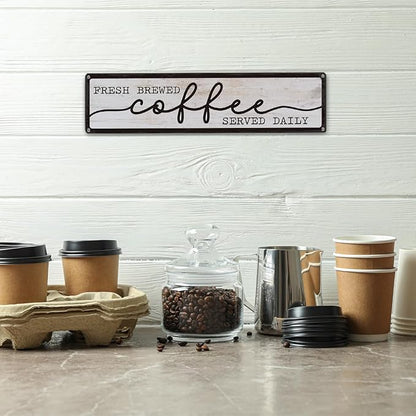 Coffee Metal Tin Signs, Fresh Brewed Coffee Served Daily Sign, Coffees Decoration for Cafe Bar Coffees Station, Kitchen, Restaurant, Hotel, Decorative Metal Wall Signs 15.8x4 Inches