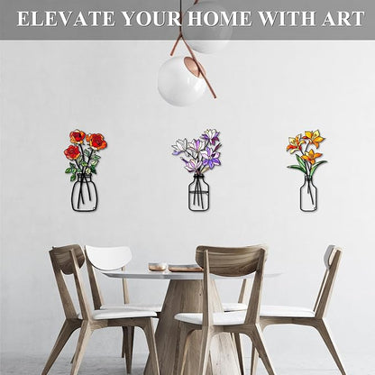 Fanjashn 3 Pcs Metal Flowers Wall Art, Floral Art Wall Decor, Minimalist Flower Wall Decor for Living Room, Bathroom, Bedroom, Kitchen and Dining Room
