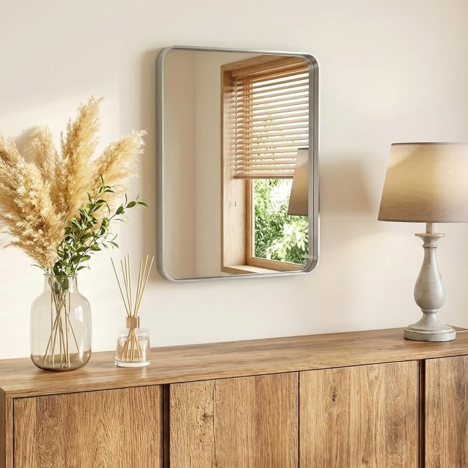 NEWBULIG 24X30 Inch Bathroom Mirror for Over Sink, Wall Vanity Mirrors Tempered Glass, Anti-Rust Metal Framed Rounded Rectangle, Hangs Horizontally or Vertically, Farmhouse Home Decor, Silvery
