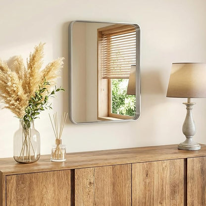 NEWBULIG 24X30 Inch Bathroom Mirror for Over Sink, Wall Vanity Mirrors Tempered Glass, Anti-Rust Metal Framed Rounded Rectangle, Hangs Horizontally or Vertically, Farmhouse Home Decor, Silvery
