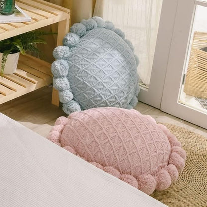 IXITON Round Creative Knitting Pompoms Pillow Sunflower Pillow Decorative Cushion Throw Pillow with Insert Plush Pillow for Couch Sofa Bed, 20 Inch (Light Blue)