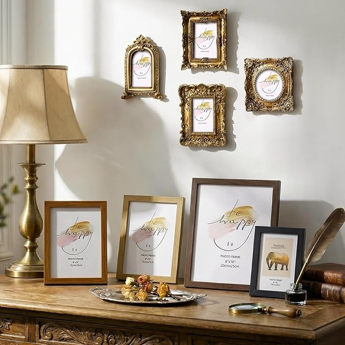 Novabright 12 Pcs Vintage Picture Frames Resin Gallery Wall Frame Set with Trace Less Nails Suit Hanging Elegant Classical Decorations for Christmas Hotel Home Wedding Decoration(Minimalist Style)