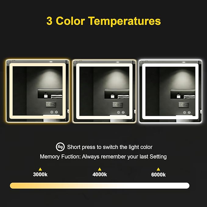 LED Bathroom Mirror with Lights - Anti-Fog, Dimmable, Backlit+Frontlit, 3 Color Light - 30"x30" Lighted Vanity Mirrors for Wall, Shatterproof Tempered Glass, Memory Function