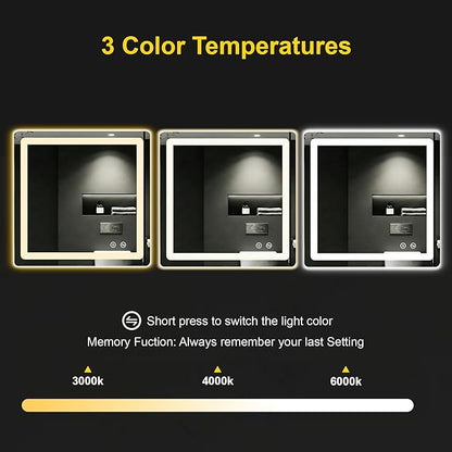 LED Bathroom Mirror with Lights - Anti-Fog, Dimmable, Backlit+Frontlit, 3 Color Light - 30"x30" Lighted Vanity Mirrors for Wall, Shatterproof Tempered Glass, Memory Function