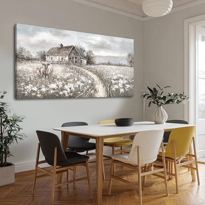 Neutral Greige Highland Cow Canvas Wall Art, Rustic Country Cottage Landscape with Meadow Flowers, Large Horizontal Framed Canvas, Ready to Hang for Living Room/Bedroom, 29x58 Inches
