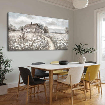 Neutral Greige Highland Cow Canvas Wall Art, Rustic Country Cottage Landscape with Meadow Flowers, Large Horizontal Framed Canvas, Ready to Hang for Living Room/Bedroom, 29x58 Inches