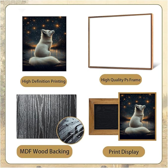 Djmwtb Framed Fox Wall Art Wildlife Animal White Fox Paintings Wall Decor Starry Night Sky Canvas Art Prints Whimsical Nature Aesthetic Pictures Artork for Living Room Bedroom 16x24in
