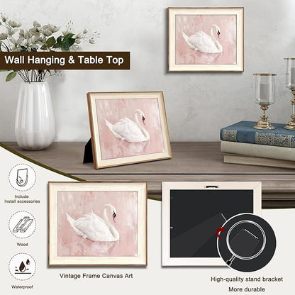 Uniro Framed Canvas Wall Art Swan Decor, Vintage Wall Art Animal Oil Painting Bathroom Wall Decor, White Swan Vintage Art Prints for Pink Room Decor, Pastel Pink Coquette Room Decor for Nursery, Bedroom, Girly R.oom D.ecor- 10x12 inches