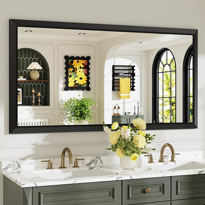 60x30 Inch Black Bathroom Mirror for Wall, Beveled Framed Rectangle Bathroom Vanity Mirrors for Over Sink, Bedroom, Living Room, Entryway, Anti-Rust, HD Tempered Glass, Horizontally/Vertically