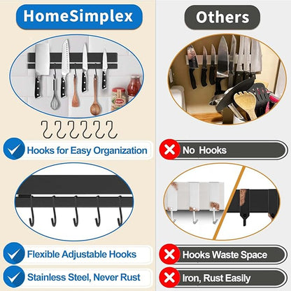 17 Inch Magnetic Knife Holder for Wall, Adhesive Knife Magnetic Strip No Drilling with 12 Hooks, Powerful Magnetic Knife Strip, Magnetic tool Holder for Kitchen Knives & Utensils (Black)