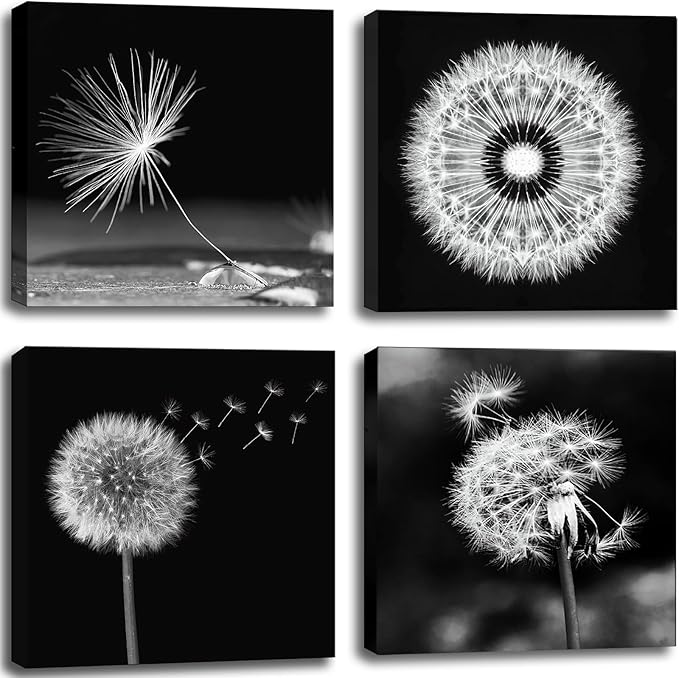 weiyiart Black and White Floral Wall Art, Dandelion Canvas Painting Prints Artwork, Rustic Minimalist Flower Botanical Pictures for Farmhouse Bathroom Bedroom Living Room Decor, 16x16x4pcs