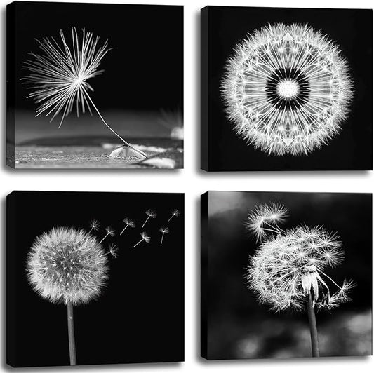 weiyiart Black and White Floral Wall Art, Dandelion Canvas Painting Prints Artwork, Rustic Minimalist Flower Botanical Pictures for Farmhouse Bathroom Bedroom Living Room Decor, 16x16x4pcs