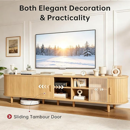 80" Mid Century Modern TV Stand, Wood TV Consoles with Sliding Doors and Power Outlet, Entertainment Center with Adjustable Shelves, Fluted TV Stands for Living Room, Oak