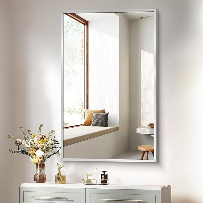 COFENY Silver Bathroom Mirror for Wall, 30x48 Inch Rectangle Mirrors with Metal Frame, Modern Vanity Wall Mirror Decor for Bathroom Living Room, Entryway Hangs Horizontal or Vertical