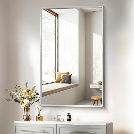 COFENY Silver Bathroom Mirror for Wall, 30x48 Inch Rectangle Mirrors with Metal Frame, Modern Vanity Wall Mirror Decor for Bathroom Living Room, Entryway Hangs Horizontal or Vertical