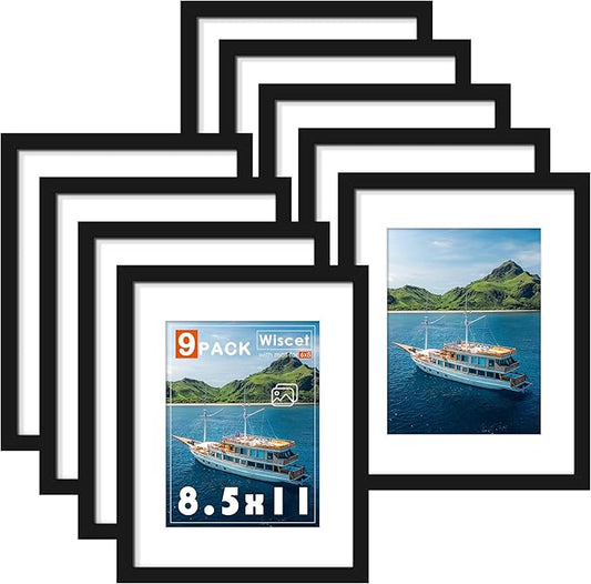 Wiscet 8.5x11 Picture Frame Set of 9, Display Pictures 6x8 with Mat or 8.5x11 without Mat, Photo Frame for Wall Mounting or Tabletop Display, Black