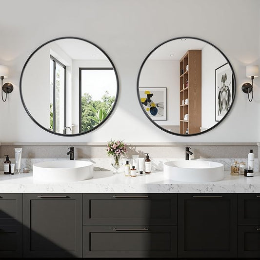 Suidia 2-Pack 24" x 24" Bathroom Mirror, Bathroom Vanity Mirror Metal Framed, Wall-Mounted Mirrors for Bedroom, Living Room, Entryway, Hallway, Black, Round Style