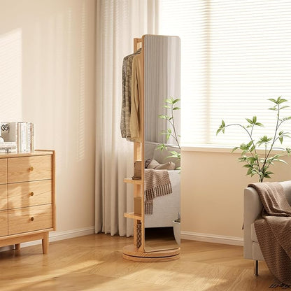 WoodsWhisper Full Length Mirror Coat Rack Solid Wood Floor Mirror 70"x16" Full Length Mirror with Stand Long Mirrors for Bedroom,Living Room (Natural, 70" L x 16" W)