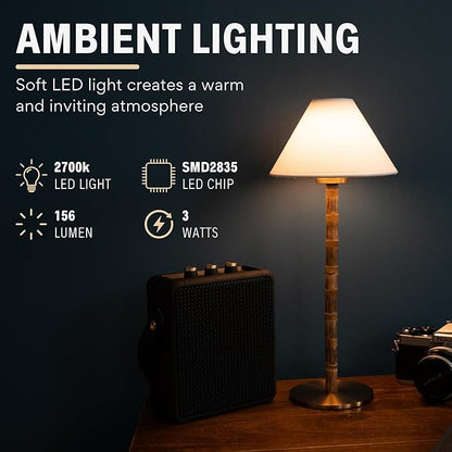 Bamboo Cordless LED Table Lamp – Rechargeable 24-Hour Battery, Dimmable Warm Light, 15" Portable Wireless Lamp with Remote for Indoor/Outdoor Use, Home, Patio, Restaurant – Coastal White
