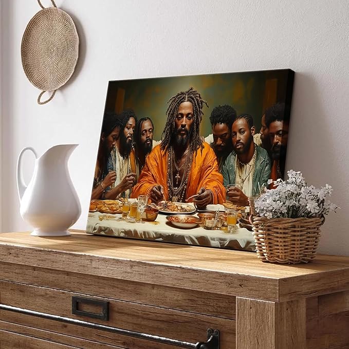 Modern Black Jesus Canvas Wall Art African American The Last Supper Painting Picture Wall Decor Black Man Christian Poster Print Artwork for Kitchen Dining Living Room Bedroom Home Decor12x16in canvas