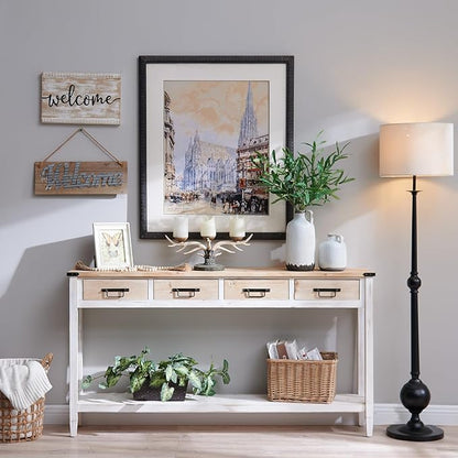 RUSTOWN Farmhouse Console Table with 4 Drawer, 60" Long Rustic Entryway Table with Open Storage Shelves and Handmade Metal Handle, Narrow Foyer Sofa Table for Living Room, Entryway, Hallway(White)