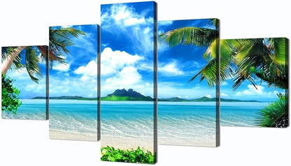 Yatsen Bridge Modern Landscape Beach Ocean Painting on Canvas 5 Piece, HD Print Pictures Wall Art for Living Room Home Decor Wooden Framed Stretched Ready to Hang (60’’W x 32’’H)