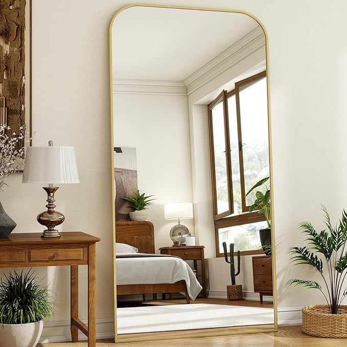 XRAMFY 40x86 Inch Floor Length Mirror with Stand, Full Length Standing Mirror for Bedroom, Full Body Tall Mirrors with Modern Aluminum Alloy Frame in Gold, Home Decor