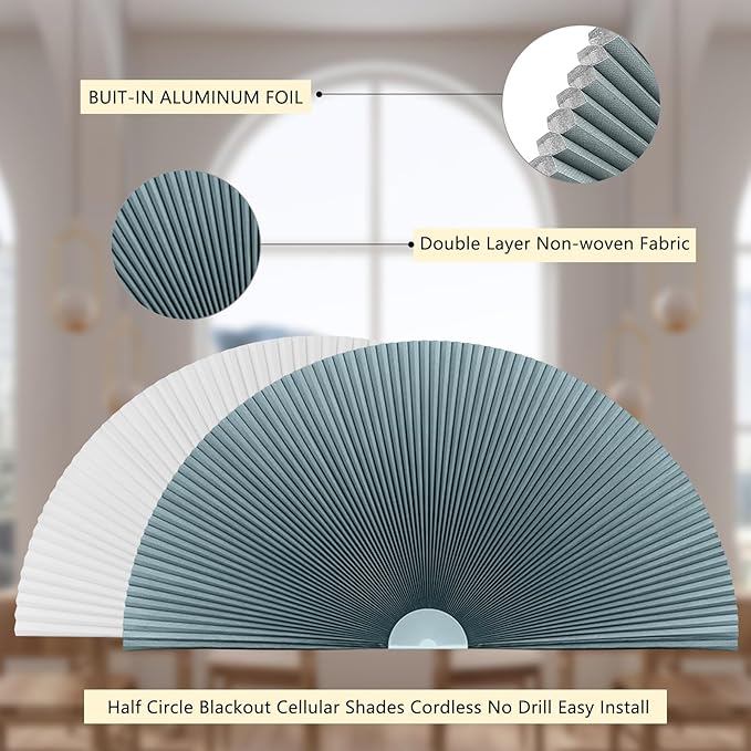Arch Window Shade Blackout Cellular Shades Half Circle Moon Window Covering No Drill Honeycomb Cordless Blinds for Indoor Window Room Darkening Easy Install Light Blocking Blinds (1, Blue, 48x24inch)