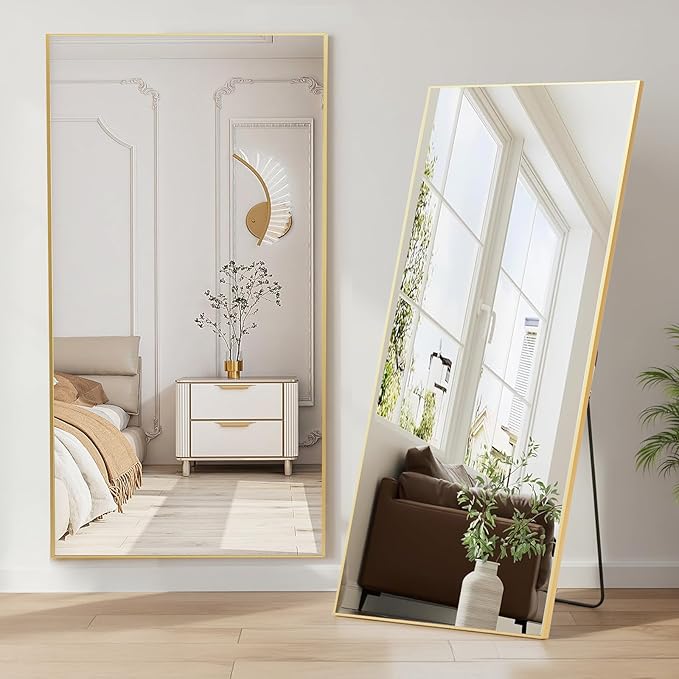 NEWBULIG Mirror Full Length, 71"x26" Body Wall Mirrors with Shatter-Proof Glass, Upgraded Floor Standing Mirror, Hanging or Leaning, with Stand Aluminum Alloy Frame for Home Decor, Bedroom, Gold