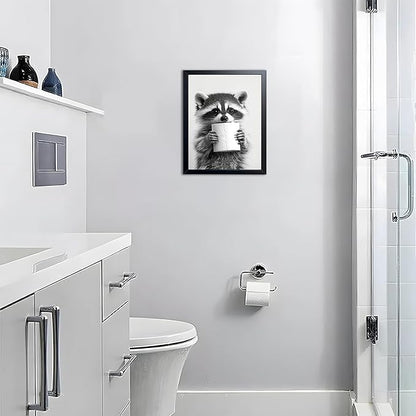 XYHYRA Bathroom Wall Art, Cute Black and White Raccoon Canvas Prints Poster, Funny Animal Decor Oil Painting, Modern Farmhouse Picture Artwork for Bathroom Toilet Wall Decor 12X16 Inch Framed