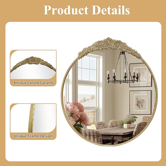 Growsun Round Wall Mirror with Vintage Gold Floral Frame – 24 Inch Decorative Wall Mirror for Living Room, Bedroom, Entryway, Bathroom Vanity – Elegant Antique Accent Home Décor