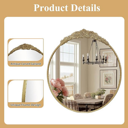 Growsun Round Wall Mirror with Vintage Gold Floral Frame – 24 Inch Decorative Wall Mirror for Living Room, Bedroom, Entryway, Bathroom Vanity – Elegant Antique Accent Home Décor